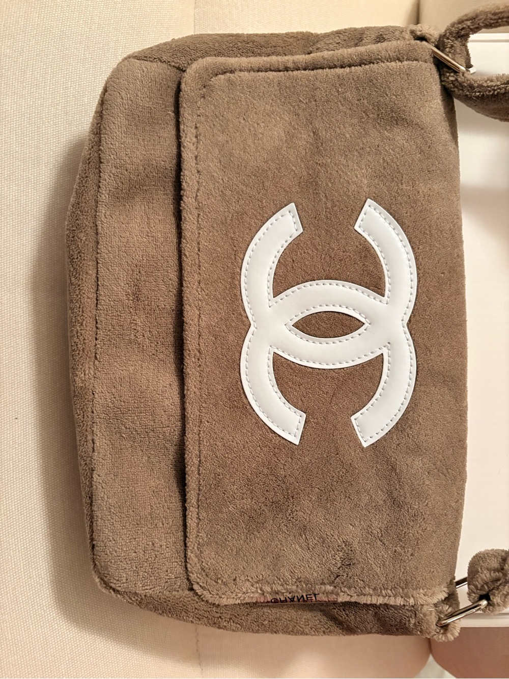 CHANEL Taupe Suede Shoulder Bag with White Logo Detail - Picture 1 of 6